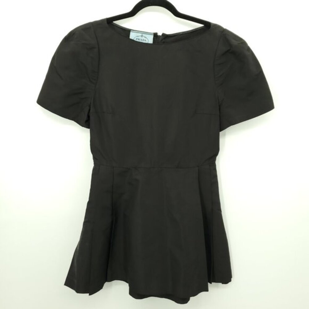 Prada Silk Taffeta Puff Sleeve Micro Mini Flared Dress Size IT 44/ US 8 Black